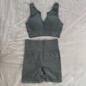 Gray/Blue Ribbed Bralette and Shorts Set